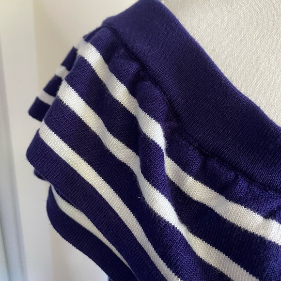 Pointelle Navy/White Double Ruffle Shoulder Coastal Nautical Casual Knit Top-XL - Picture 4 of 15